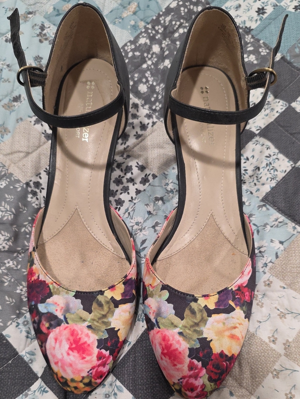 Naturalizer Black Floral Pointed-Toe Ankle-Strap Heels